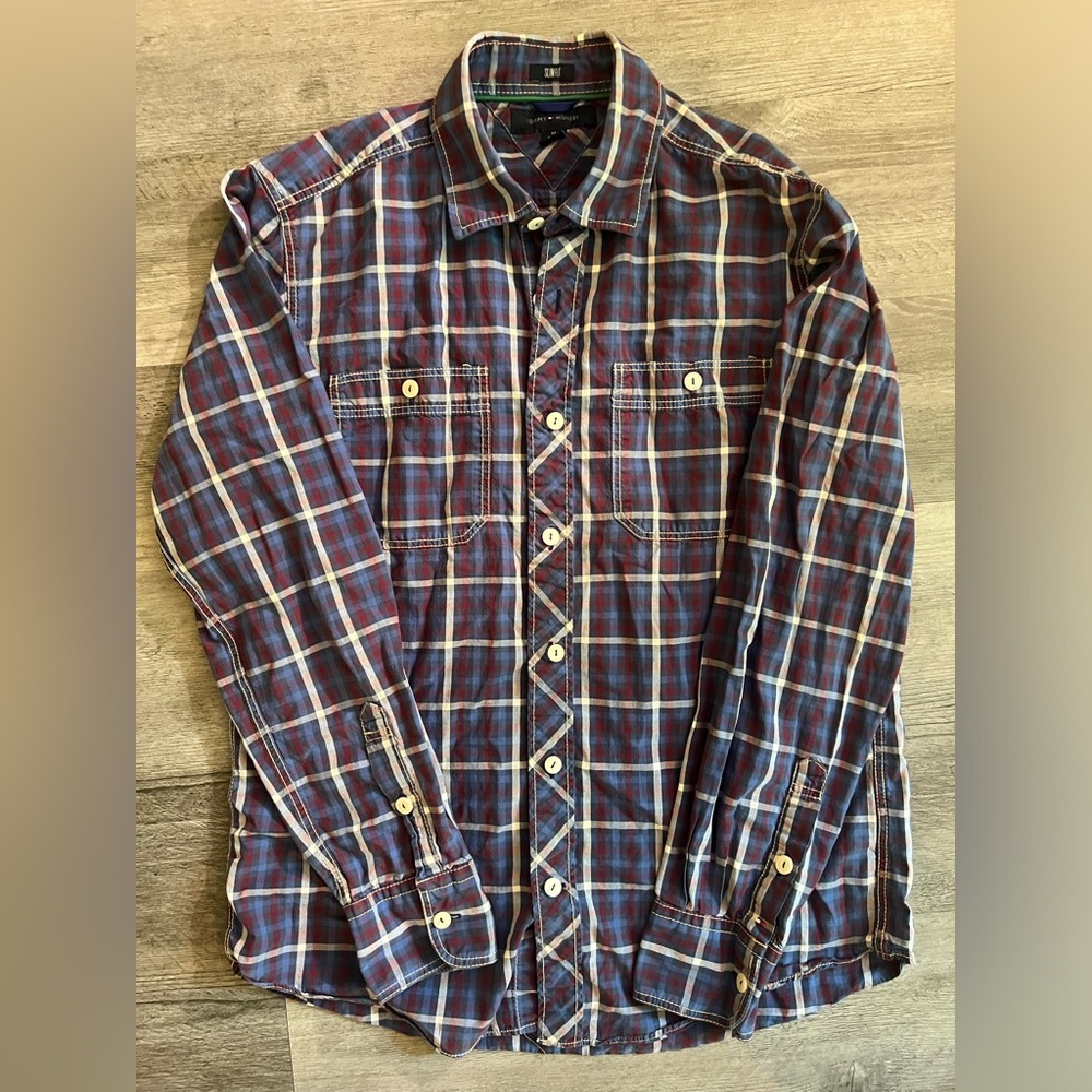Tommy Hilfiger Slim Fit Mens Long Sleeve Button Up Plaid Shirt‎ Size M
